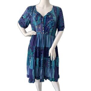Vintage Boho Patchwork Dress Tiered Midi Dress Blue Floral Festival Style Small